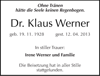 Traueranzeige von Klaus Werner von Mitteldeutsche Zeitung Halle/Saalkreis