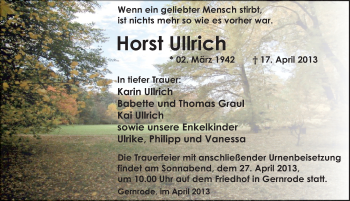 Traueranzeige von Horst Ullrich von Mitteldeutsche Zeitung Quedlinburg