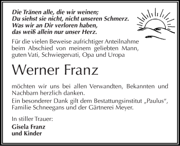 Traueranzeige von Werner Franz von Mitteldeutsche Zeitung Halle/Saalkreis