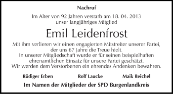 Traueranzeige von Emil Leidenfrost von Mitteldeutsche Zeitung Naumburg/Nebra