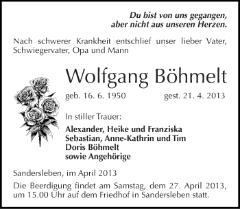 Traueranzeige von Wolfgang Böhmelt von Mitteldeutsche Zeitung Aschersleben