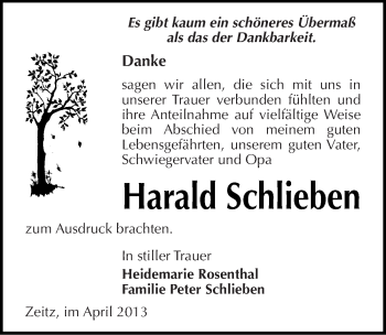 Traueranzeige von Harald Schlieben von Mitteldeutsche Zeitung Zeitz