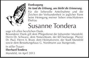 Traueranzeige von Susanne Tondera von Mitteldeutsche Zeitung Aschersleben