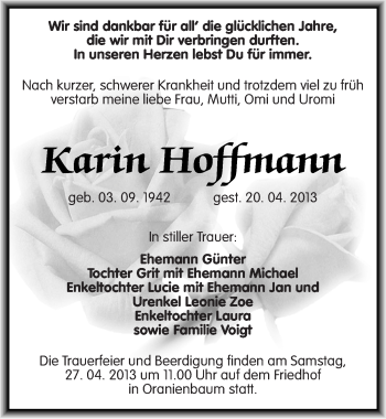 Traueranzeige von Karin Hoffmann von Mitteldeutsche Zeitung Wittenberg