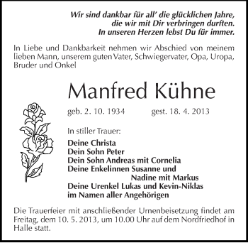 Traueranzeige von Manfred Kühne von Mitteldeutsche Zeitung Halle/Saalkreis