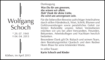 Traueranzeige von Wolfgang Schoch von Mitteldeutsche Zeitung Köthen