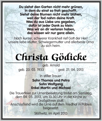 Traueranzeige von Christa Gödicke von Mitteldeutsche Zeitung Weißenfels