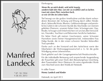 Traueranzeige von Manfred Landeck von Mitteldeutsche Zeitung Aschersleben