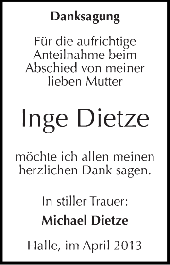 Traueranzeige von Inge Dietze von Mitteldeutsche Zeitung Halle/Saalkreis