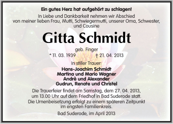 Traueranzeige von Gitta Schmidt von Mitteldeutsche Zeitung Quedlinburg