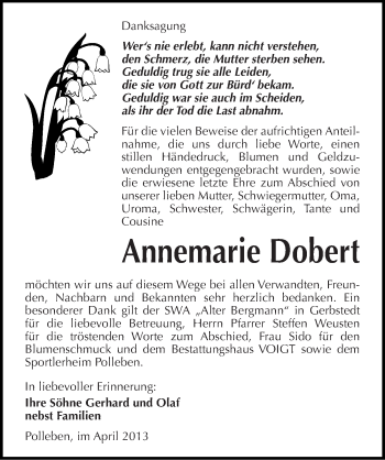 Traueranzeige von Annemarie Dobert von Mitteldeutsche Zeitung Aschersleben