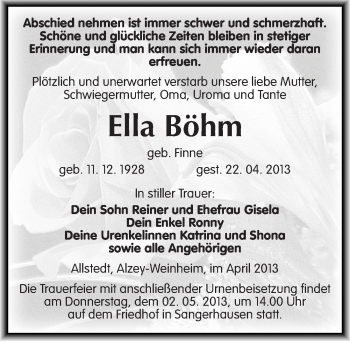 Traueranzeige von Ella Böhm von Mitteldeutsche Zeitung Sangerhausen