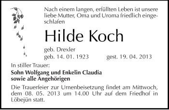 Traueranzeige von Hilde Koch von Mitteldeutsche Zeitung Halle/Saalkreis