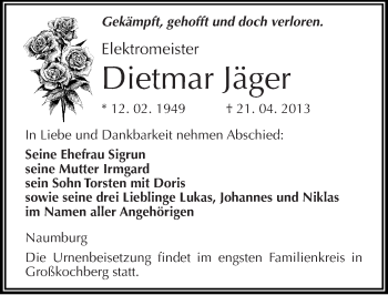 Traueranzeige von Dietmar Jäger von Mitteldeutsche Zeitung Naumburg/Nebra
