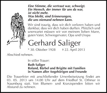 Traueranzeige von Gerhard Saliger von Mitteldeutsche Zeitung Naumburg/Nebra