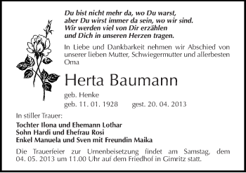 Traueranzeige von Herta Baumann von Mitteldeutsche Zeitung Halle/Saalkreis