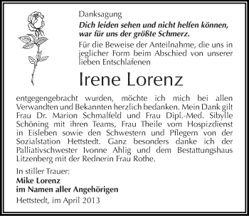 Traueranzeige von Irene Lorenz von Mitteldeutsche Zeitung Aschersleben