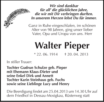 Traueranzeige von Walter Pieper von Mitteldeutsche Zeitung Dessau-Roßlau
