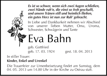 Traueranzeige von Eva Bahn von Mitteldeutsche Zeitung Halle/Saalkreis