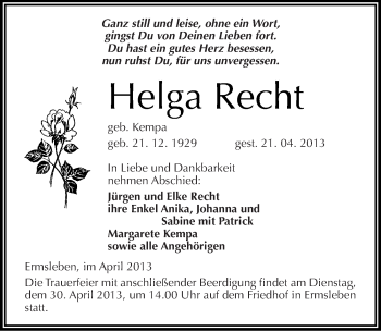 Traueranzeige von Helga Recht von Mitteldeutsche Zeitung