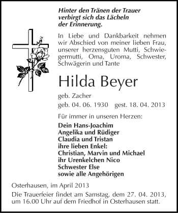 Traueranzeige von Hilda Beyer von Mitteldeutsche Zeitung Aschersleben