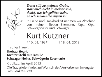 Traueranzeige von Kurt Kutzner von Mitteldeutsche Zeitung Merseburg/Querfurt
