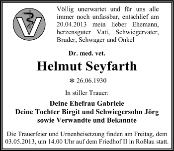 Traueranzeige von Helmut Seyfarth von Mitteldeutsche Zeitung Dessau-Roßlau