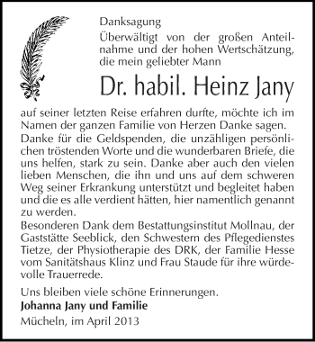 Traueranzeige von Heinz Jany von Mitteldeutsche Zeitung Merseburg/Querfurt