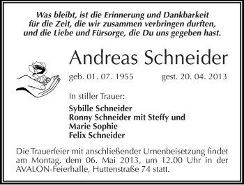 Traueranzeige von Andreas Schneider von Mitteldeutsche Zeitung Halle/Saalkreis