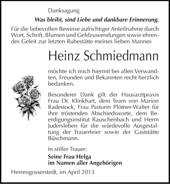 Traueranzeige von Heinz Schmiedmann von Mitteldeutsche Zeitung Naumburg/Nebra