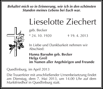 Traueranzeige von Lieselotte Ziechert von Mitteldeutsche Zeitung Quedlinburg