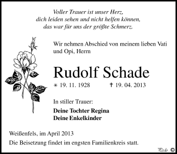 Traueranzeige von Rudolf Schade von Mitteldeutsche Zeitung Weißenfels