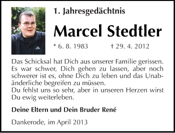 Traueranzeige von Marcel Stedtler von Mitteldeutsche Zeitung Quedlinburg