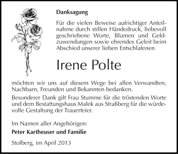 Traueranzeige von Irene Polte von Mitteldeutsche Zeitung Sangerhausen