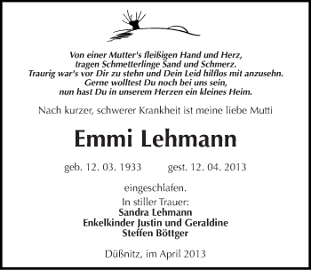 Traueranzeige von Emmi Lehmann von Mitteldeutsche Zeitung Wittenberg