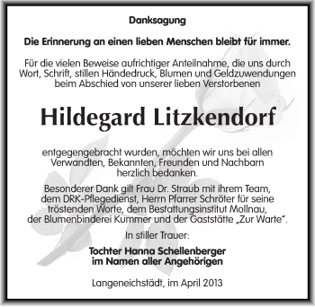 Traueranzeige von Hildegard Litzkendorf von Mitteldeutsche Zeitung Merseburg/Querfurt
