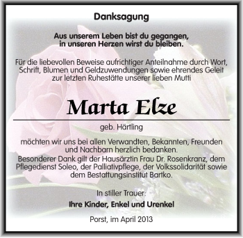 Traueranzeige von Marta Elze von Mitteldeutsche Zeitung Köthen