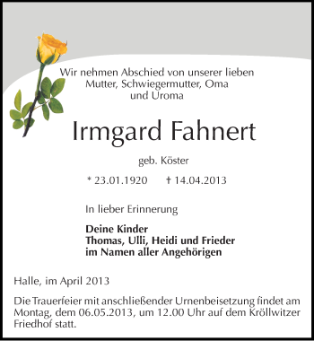Traueranzeige von Irmgard Fahnert von Mitteldeutsche Zeitung Halle/Saalkreis