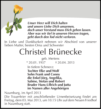 Traueranzeige von Christel Brünecke von Mitteldeutsche Zeitung Aschersleben