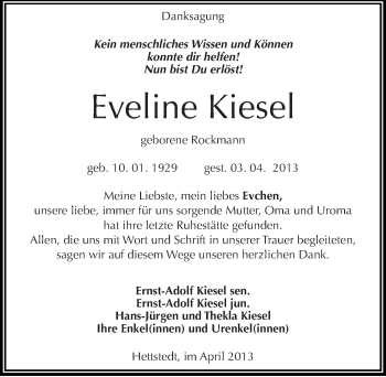 Traueranzeige von Eveline Kiesel von Mitteldeutsche Zeitung Aschersleben