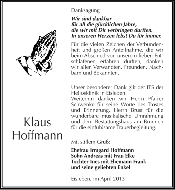 Traueranzeige von Klaus Hoffmann von Mitteldeutsche Zeitung Aschersleben