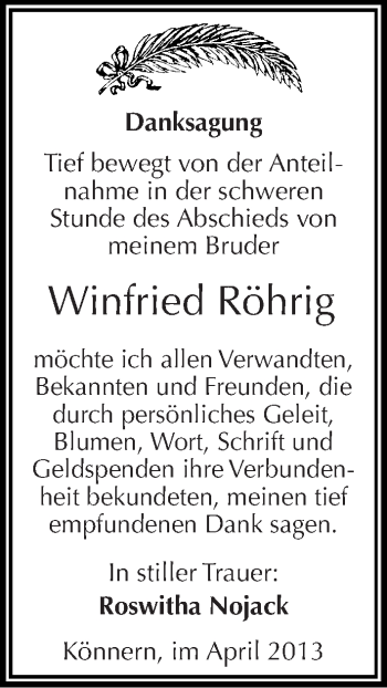 Traueranzeige von Winfried Röhrig von Mitteldeutsche Zeitung Bernburg
