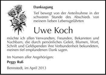 Traueranzeige von Uwe Koch von Mitteldeutsche Zeitung Halle/Saalkreis