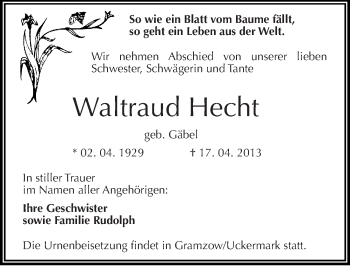 Traueranzeige von Waltraud Hecht von Mitteldeutsche Zeitung Halle/Saalkreis