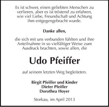 Traueranzeige von Udo Pfeiffer von Mitteldeutsche Zeitung Köthen