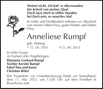 Traueranzeige von Anneliese Rumpf von Mitteldeutsche Zeitung Halle/Saalkreis