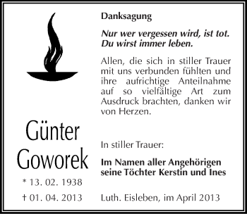 Traueranzeige von Günter Goworek von Mitteldeutsche Zeitung Aschersleben
