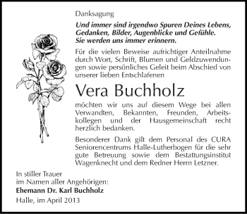 Traueranzeige von Vera Buchholz von Mitteldeutsche Zeitung Halle/Saalkreis