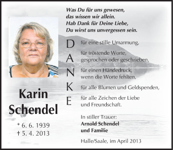 Traueranzeige von Karin Schendel von Mitteldeutsche Zeitung Halle/Saalkreis