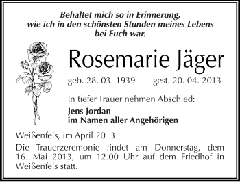 Traueranzeige von Rosemarie Jäger von Mitteldeutsche Zeitung Weißenfels